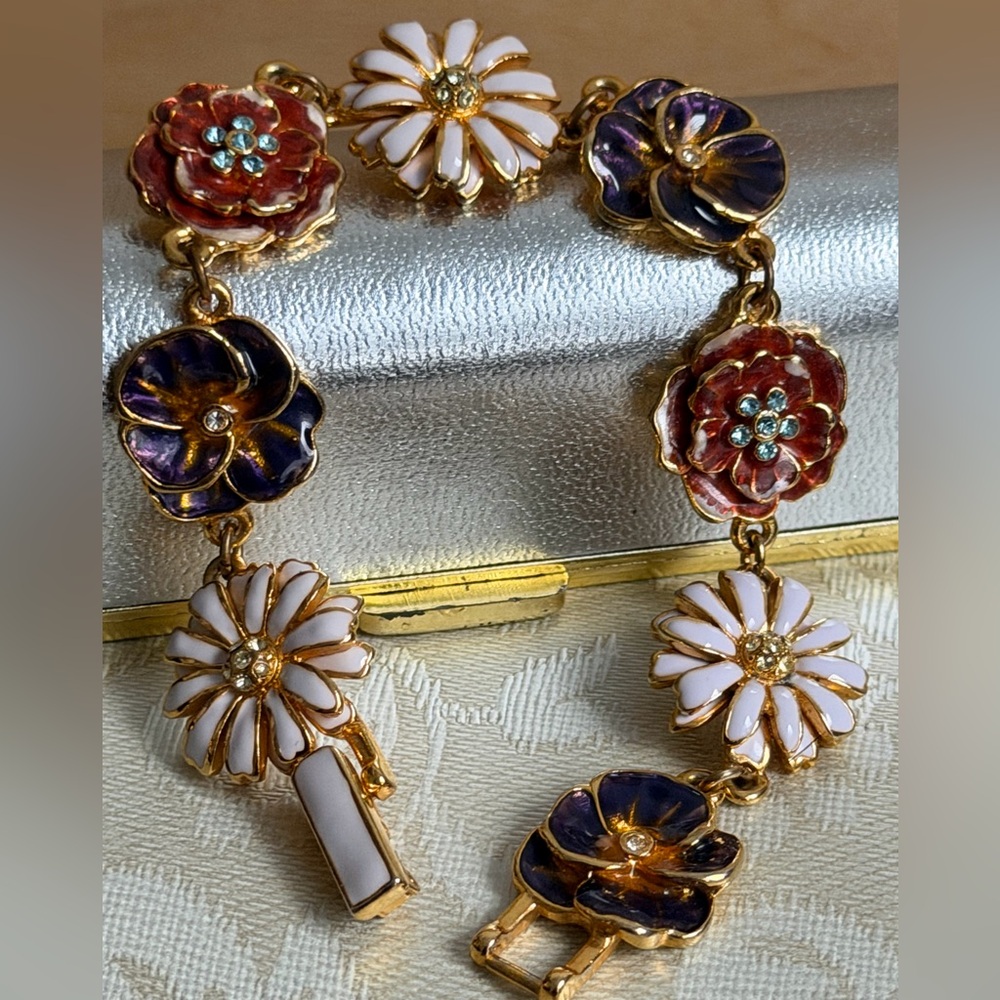 VTG MMA Imperial Wildflower Hand Enameled 22K Gold & Czech Crystals Bracelet